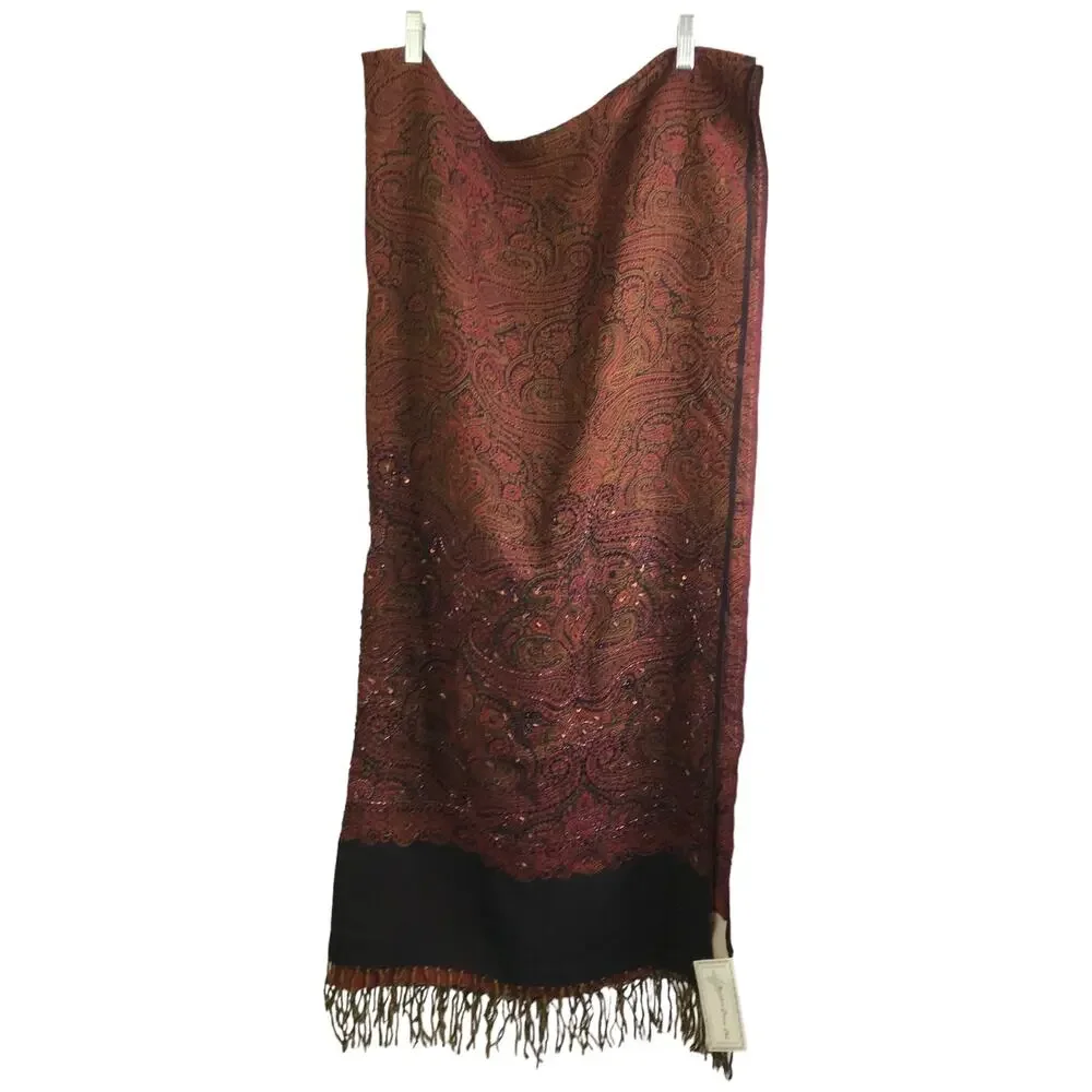 Malabar Grove Ltd Cairo Ruby Throw Beaded Paisley Wool Scarf Wrap Red‎ NEW
